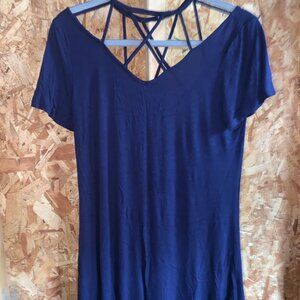 Strappy Back Navy Blue Short-Sleeve Tunic Top By Venus Medium Stretchy